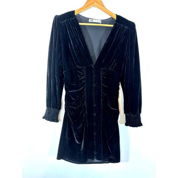 ZARA The Alessa Dress Black Velvet Button Front Mini Womans Small Goth Witchy - Picture 2 of 10